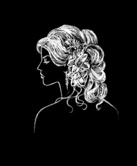  The head of a girl with a beautiful hairstyle is a white image on a black background