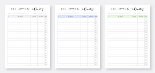 Bill Payment Checklist Template Set, Minimalist planner pages templates, 3 Set of minimalist Bill Payment Checklist planners,