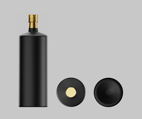 Black Luxury Glass Bottle with gold lid. 3D Illustration.