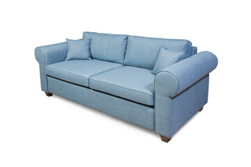 Modern sofa made of blue fabric with wooden legs isolated on a white background