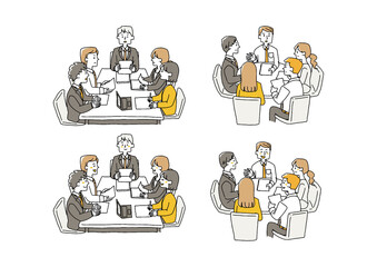 会議をしている人々のセット　コミカルな手書きの人物　ベクター、線画にシンプルな色つけ　