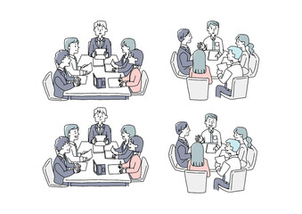 会議をしている人々のセット　コミカルな手書きの人物　ベクター、線画にシンプルな色つけ　