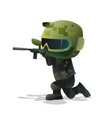 Warrior paintball player aiming at enemy. Comic funny character. Helmet, mask and uniform. Isolated on white background. Vector