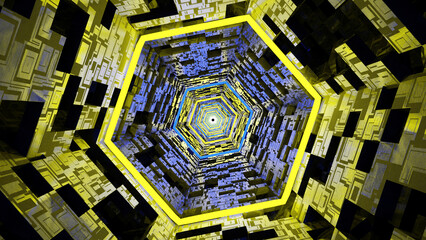 3D graphic flying through digital technologic tunnel. 3D Big Data Digital background square with futuristic matrix. Technological and connection background. Wormhole through time and space