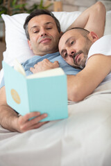 Obraz na płótnie Canvas handsome men lying on bed together while reading a book