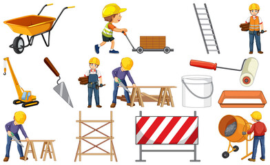Construction worker set with people and tools