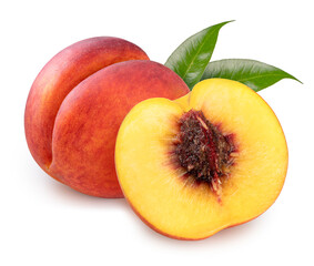 Fresh Yellow Peach with leaf isolated on white background, Yellow Peach on White Background With clipping path.