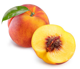 Fresh Yellow Peach with leaf isolated on white background, Yellow Peach on White Background With clipping path.