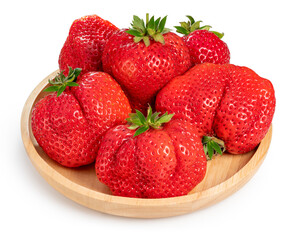 Red strawberry on wooden plate isolated on white background, Red Amaoh strawberry on White Background With clipping path.