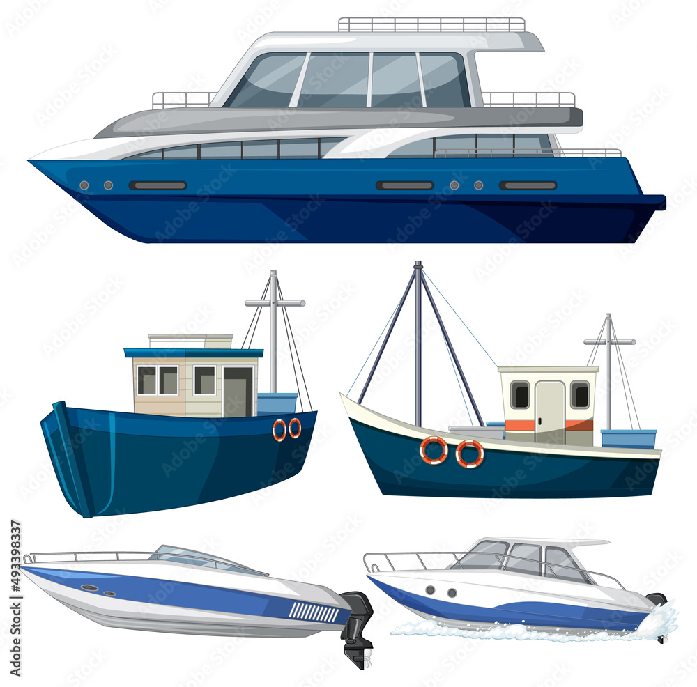 Wall mural Set of different boats on white background