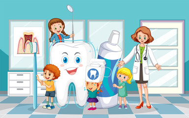 Dentist and happy children holding toothpaste toothbrush and floss on white background