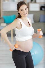 Fototapeta na wymiar young pregnant woman doing exercises with dumbbell at home
