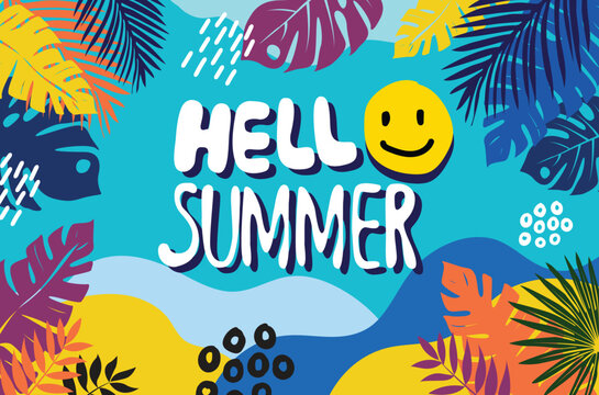 hello summer background leafs tropical smile banner