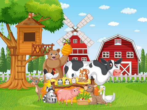 Farm scene with many farm animals
