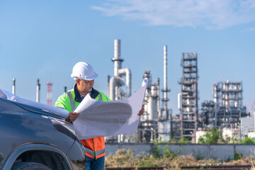 Engineer wearing uniform and helmet stand in front of the car hand holding blue print paper,...