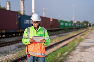 Engineer wearing safety uniform ,helmet holding tablet and radio communication for inspection and...