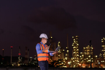 Engineer wearing uniform, white helmet standing hold detail laptop inspection work site progress...