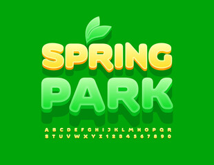 Vector creative Banner Spring Park with decorative leaf. Cute Yellow Font. Artistic Alphabet Letters and Numbers. 