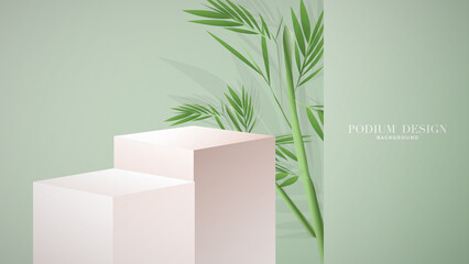 Podium minimal with leaf plant  on green background , 3D stage podium display product , stand to show cosmetic products ,illustration 3d Vector EPS 10