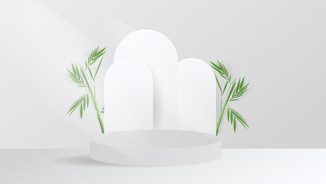 Abstract backdrop for product display white podiums background Rounded leaves and tropical white clouds and white background fresh mind , illustration 3d Vector EPS 10 © NARANAT STUDIO