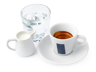 White cup of black coffee isolated on white background