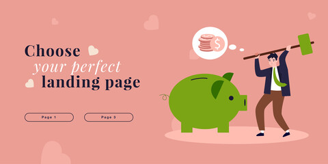 Businessman breaking piggy bank with hammer. Poor sad tiny man in need of money flat vector illustration. Poverty, inflation, financial crisis concept for banner, website design or landing web page