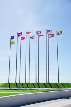 Group of nation flags (ASEAN) with blue sky background