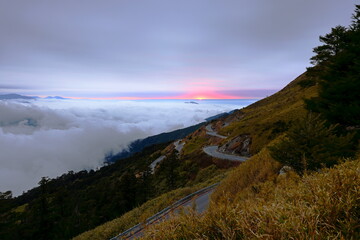 Beautiful view of sea cloud and mountain landscape at Hehuanshan National Forest Recreation Area in Nantou Taiwan,