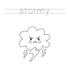 Trace the letters and color angry cloud with lightnings. Handwriting practice for kids.