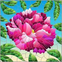 Illustration in stained glass style with a bright pink peony flower on a blue background, square image