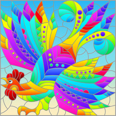 Stained glass illustration with an abstract rooster on a blue background, rectangular image