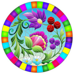 Obraz premium Illustration in the style of stained glass with floral ornament, flowers, leaves and berries in a bright frame, round image
