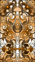 Fototapeta na wymiar Illustration in the stained glass style with an abstract flower arrangement, vertical image, tone brown