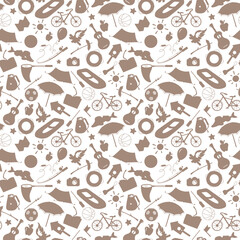 Seamless pattern on the theme of summer camp and vacations, brown silhouettes of icons on a white background