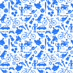 Seamless pattern on the theme of childhood and toys, toys for boys, blue silhouettes icons on a white  background 