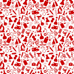 Seamless pattern with hand drawn icons on a theme medicine and health,  a red silhouettes of icons on the white background 