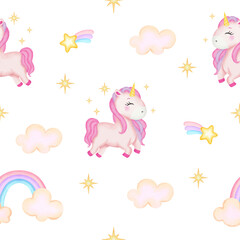 Cute pink unicorn and rainbow seamless pattern. Watercolor style vector design © cloverlittleworld