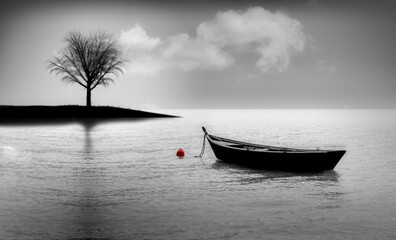 Silhouette of  a boat and tree in  a dreamlike context - grey  background