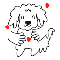 Hands hugs dog. Outline vector illustration.