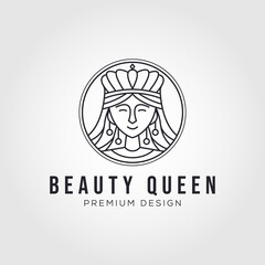 beauty queen with crown line art logo vector symbol illustration design