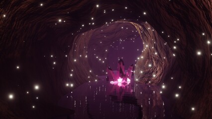 3D Rendering. Blue mystical cave with the magic of sparkling crystals, stimulating adventure concept. Magic light flying through the cave