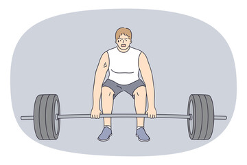 Fototapeta na wymiar Strong sportsman lift heavy barbell train workout in gym follow healthy lifestyle. Powerful motivated male heavylifter do sport exercise with weights. Strength and durability. Vector illustration. 