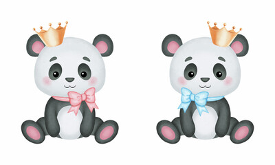 Cute royal panda clipart for baby girl and boy announcement. Watercolor style vector design