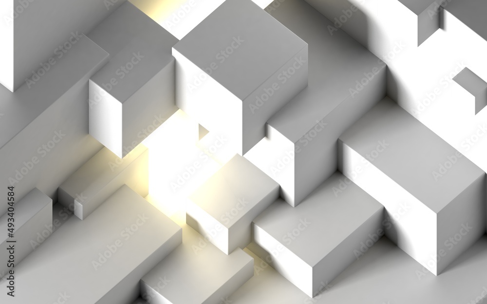Poster abstract architectural background with cube construction or stage and light beam inside. 3d illustra