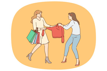 Angry women fight for clothing piece on sale in shop. Determined stubborn female clients or buyers battle for apparel on seasonal discount or promotion. Shopaholic and shopping. Vector illustration. 