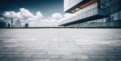 Under the clear sky, the city center buildings behind the stone square