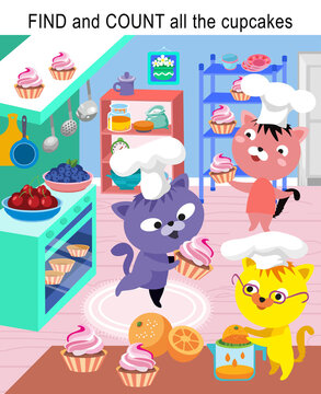 Cute kittens cooking in kitchen. Find and count all cupcakes. Game for children. Vector illustrations, full color.