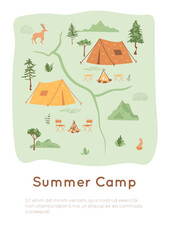Summer camp map with tents, campfire, chairs. Hiking, eco tourism, nature traveling, camping, active weekend concept. Landscape with hills, wild animals, fir trees, grass, road. Vector illustration. - obrazy, fototapety, plakaty