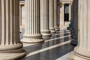 Column pillar white marble. Athens Greece Academy neoclassical building entrance colonnade. - obrazy, fototapety, plakaty