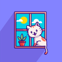 Cute Cat Sitting On Window Cartoon Vector Icon Illustration. Animal Love Icon Concept Isolated Premium Vector. Flat Cartoon Style